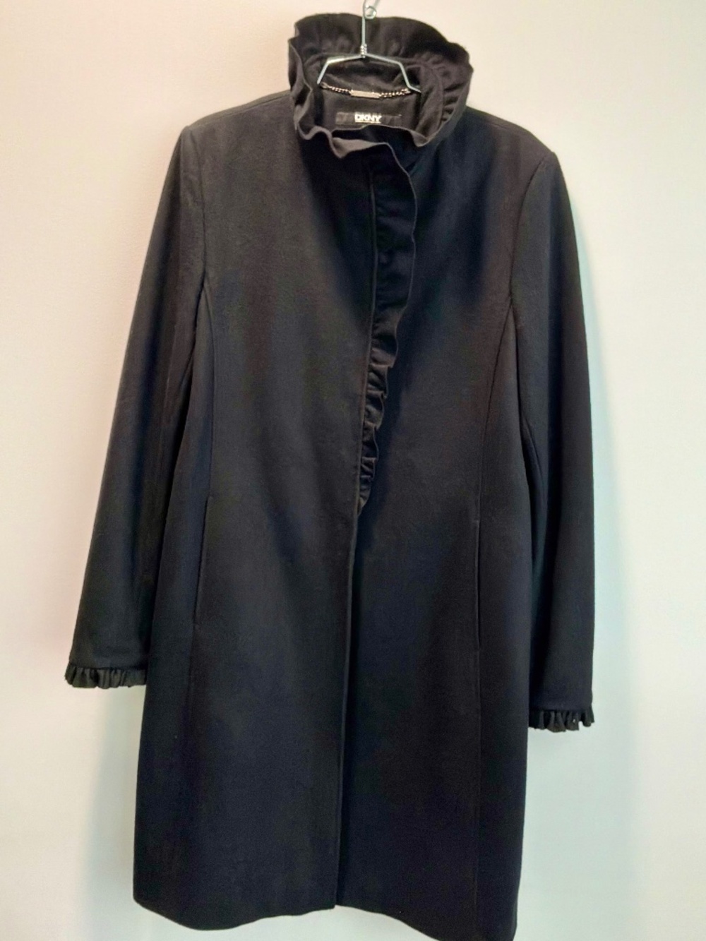 DKNY Vintage Black Ruffled Wool Blend Walker Coat - Size 14